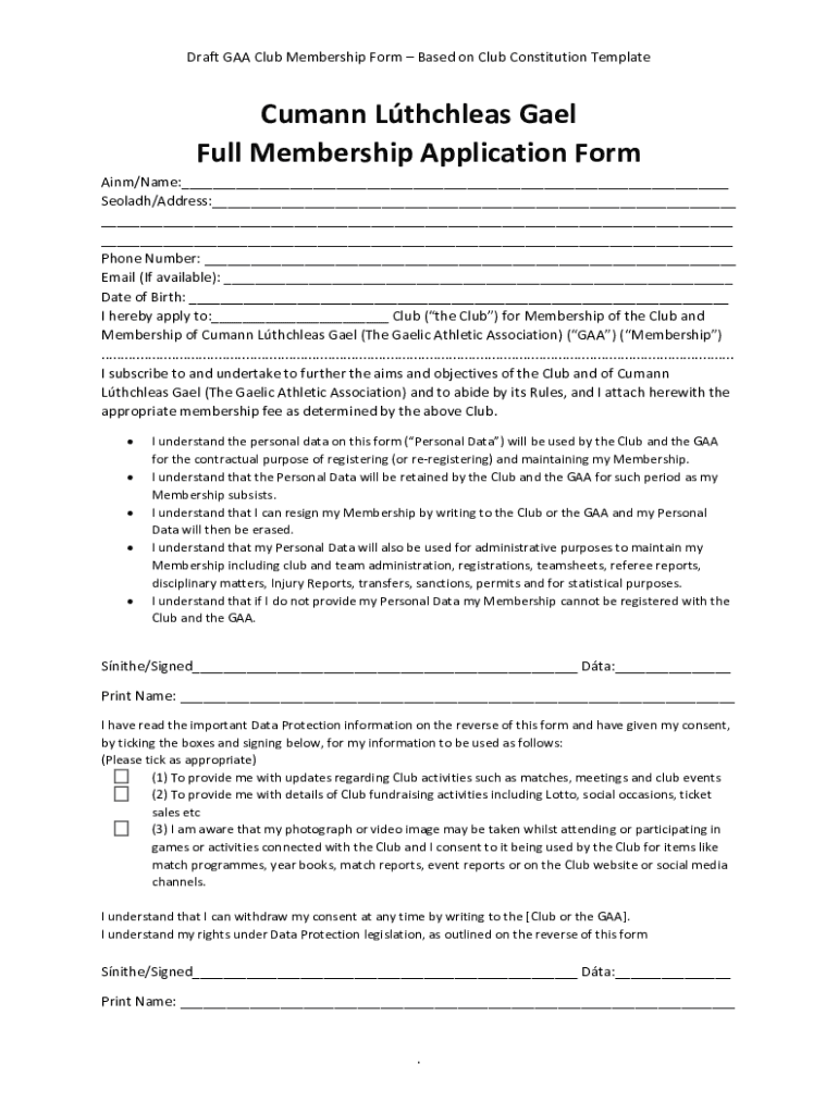 Fillable Online Draft GAA Club Membership Form Based on Club