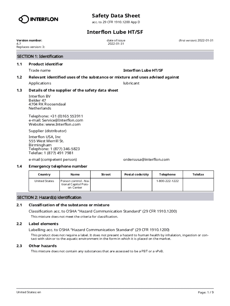 Fillable Online Safety Data Sheet Interflon Lube HT/SF Fax Email Print