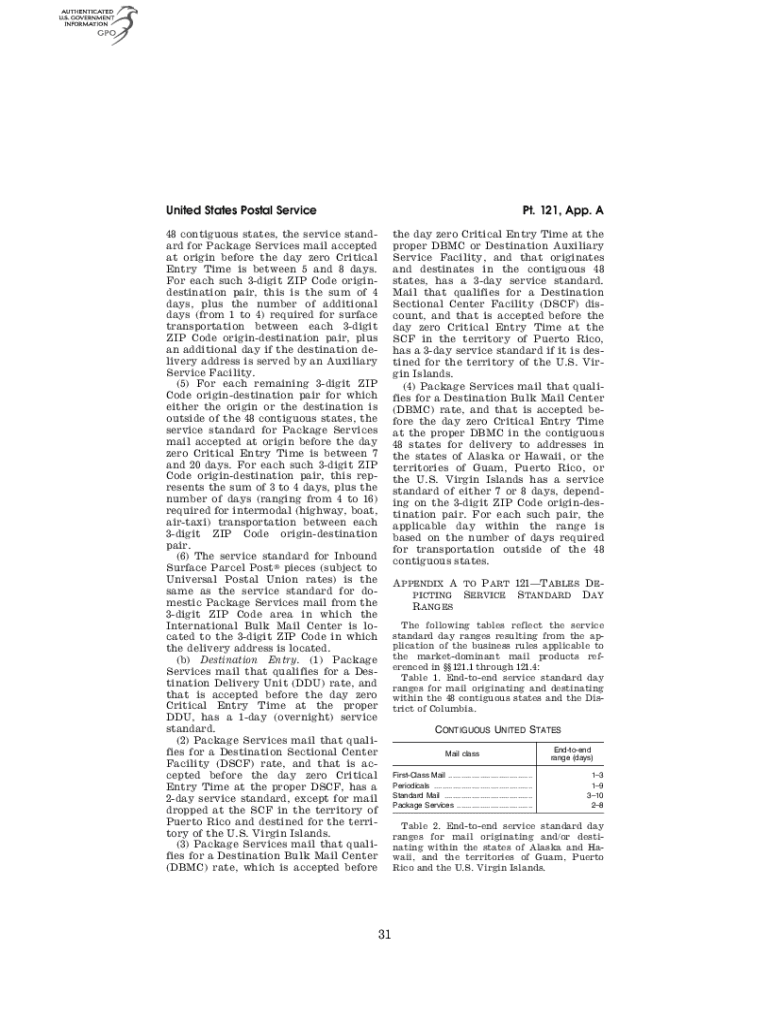 Fillable Online Revised Service Standards For Market Dominant Mail
