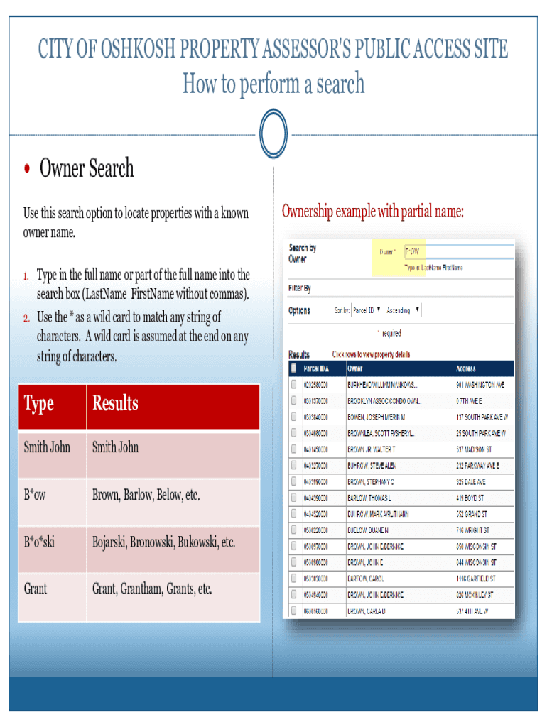 Fillable Online City of Oshkosh Property ASSESSOR'S PUBLIC ACCESS SITE
