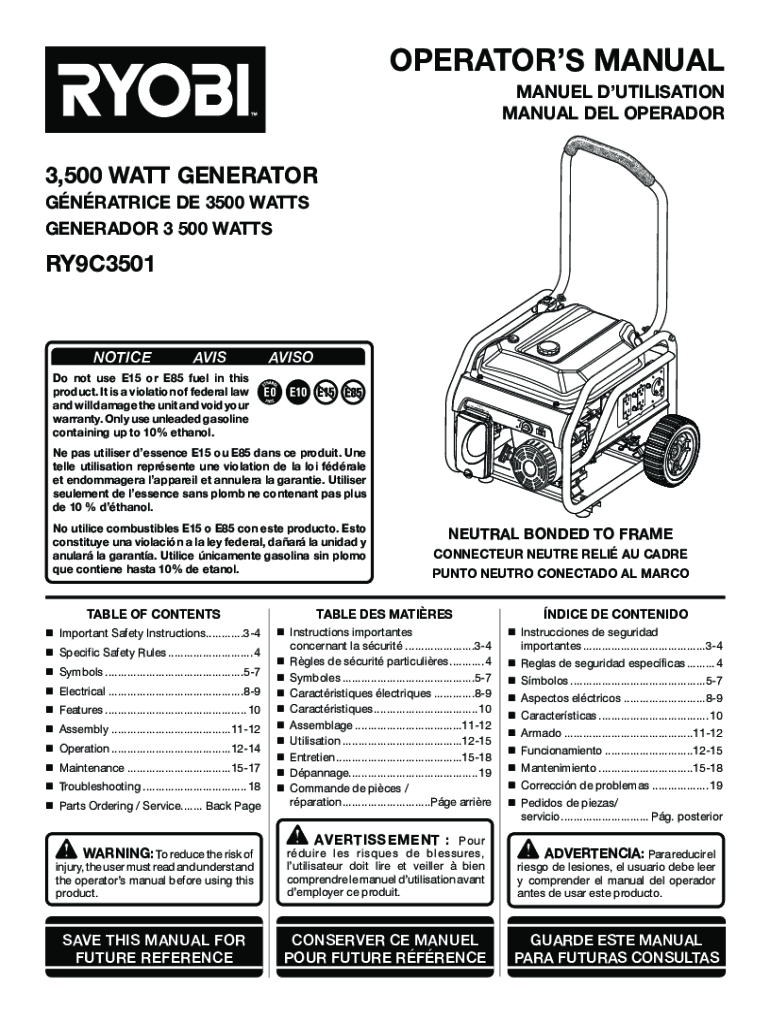 Completable En línea 3500 Watt Portable Generator Operator's Manual Fax