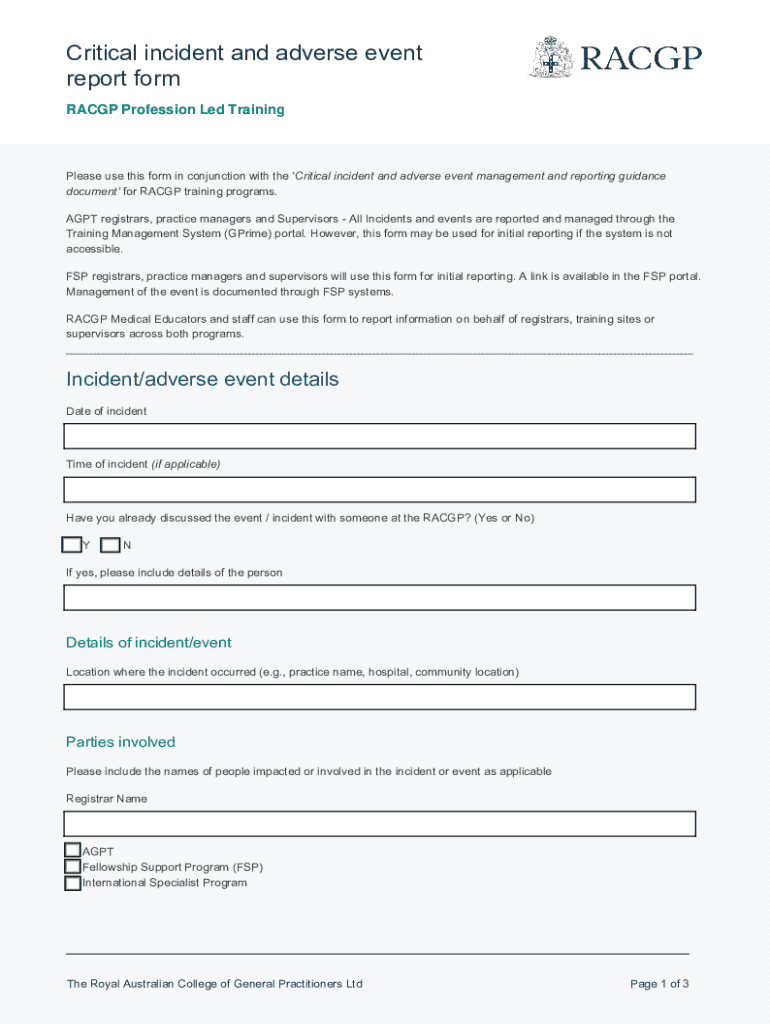 Fillable Online Critical incident and adverse event report form Fax ...