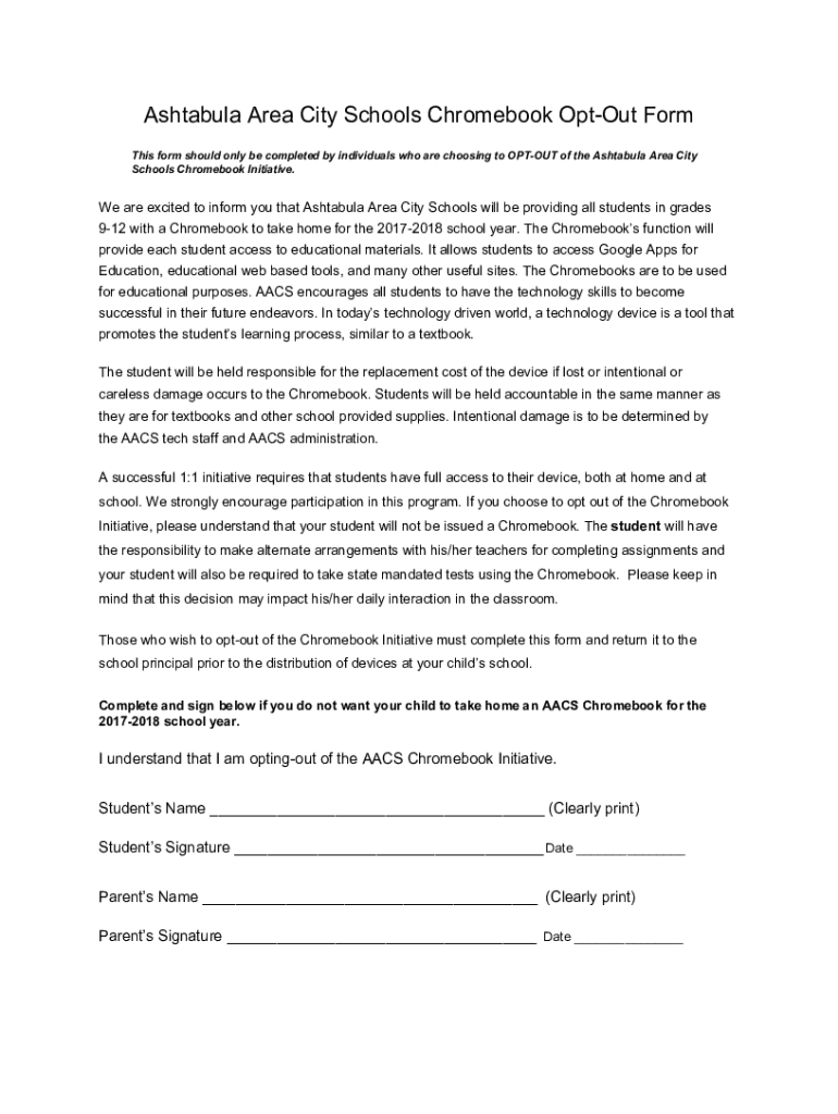Fillable Online Ashtabula Area City Schools Chromebook Opt Out Form Fax Fillable Online Ashtabula Area City Schools Chromebook Opt Out Form Fax