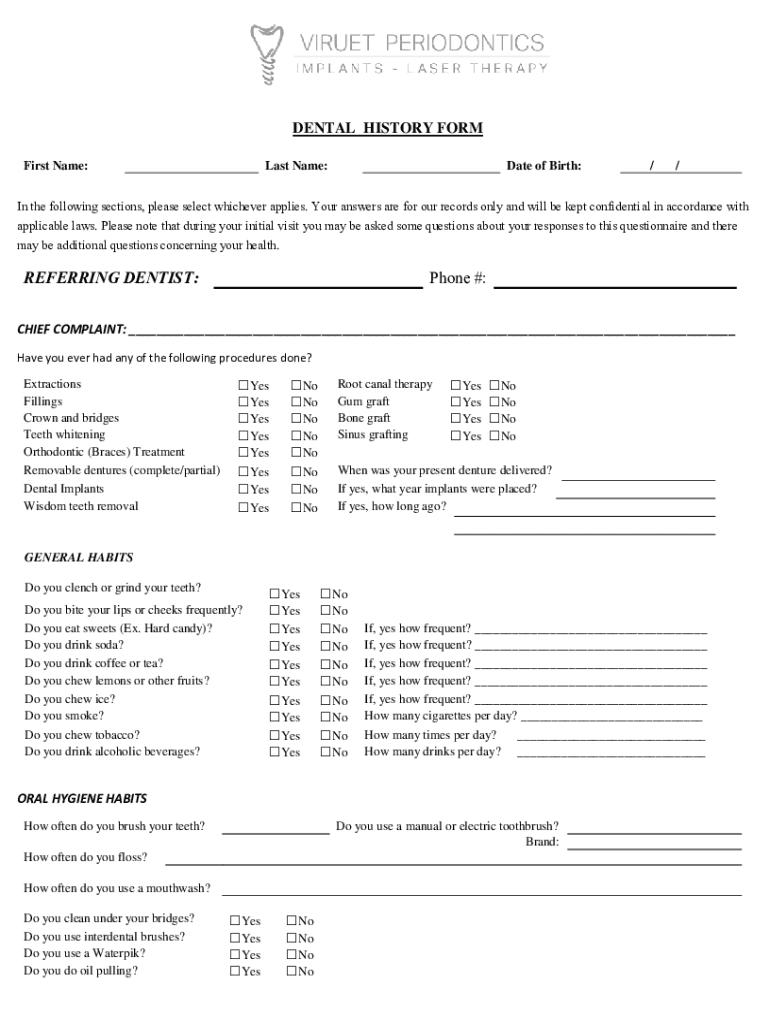 Fillable Online Dental History Form REFERRING DENTIST Fax Email Print