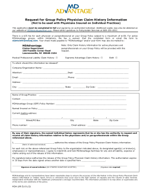 Fillable Online Request for Group Policy Physician Claim History ...