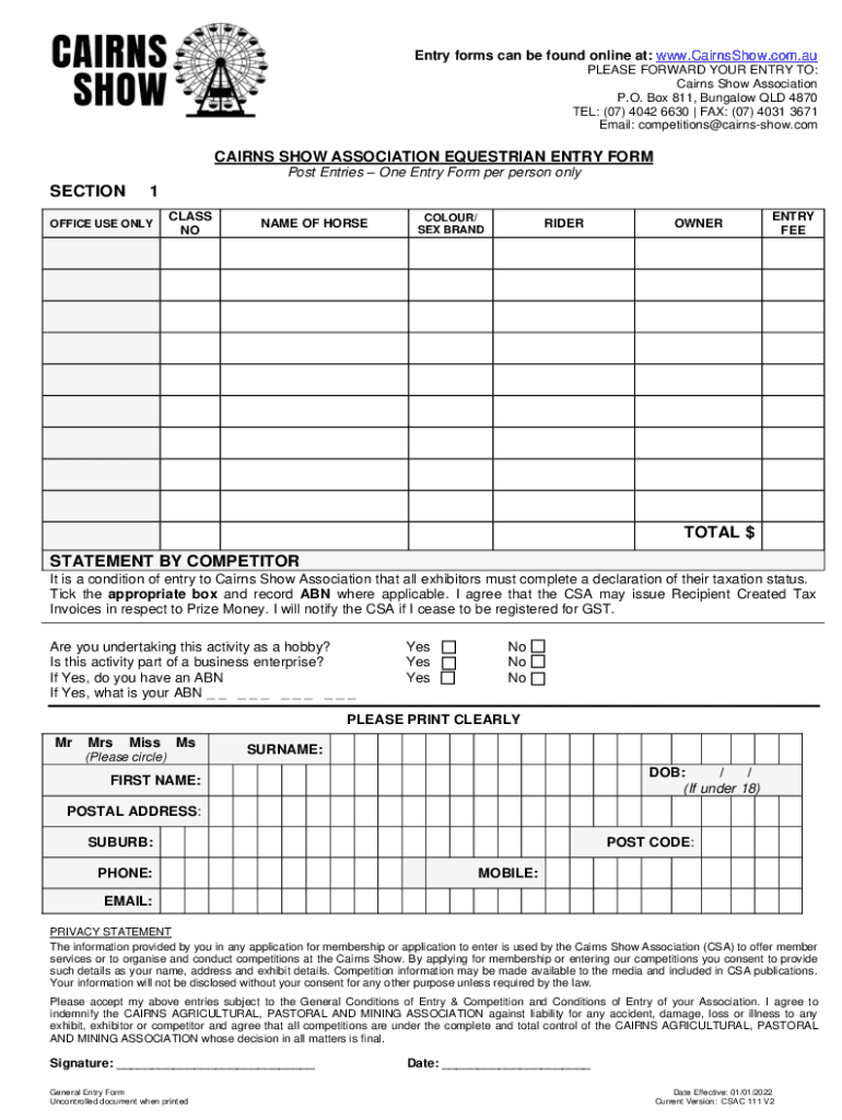 Fillable Online cairns show association equestrian entry form Fax Email Print - pdfFiller