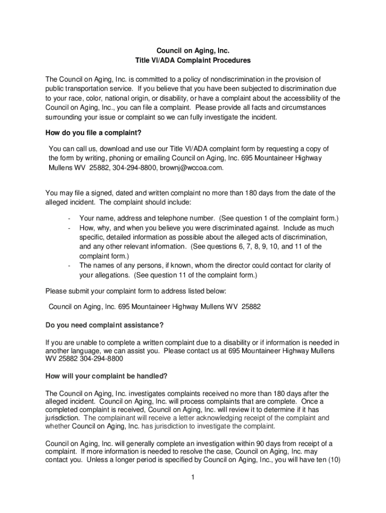 Fillable Online 1 Council on Aging, Inc. Title VI/ADA Complaint