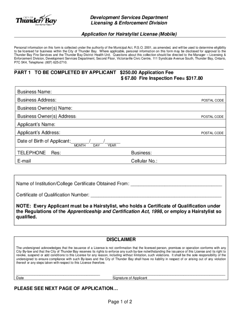 Fillable Online Application for Hairstylist License (Mobile) Fax Email