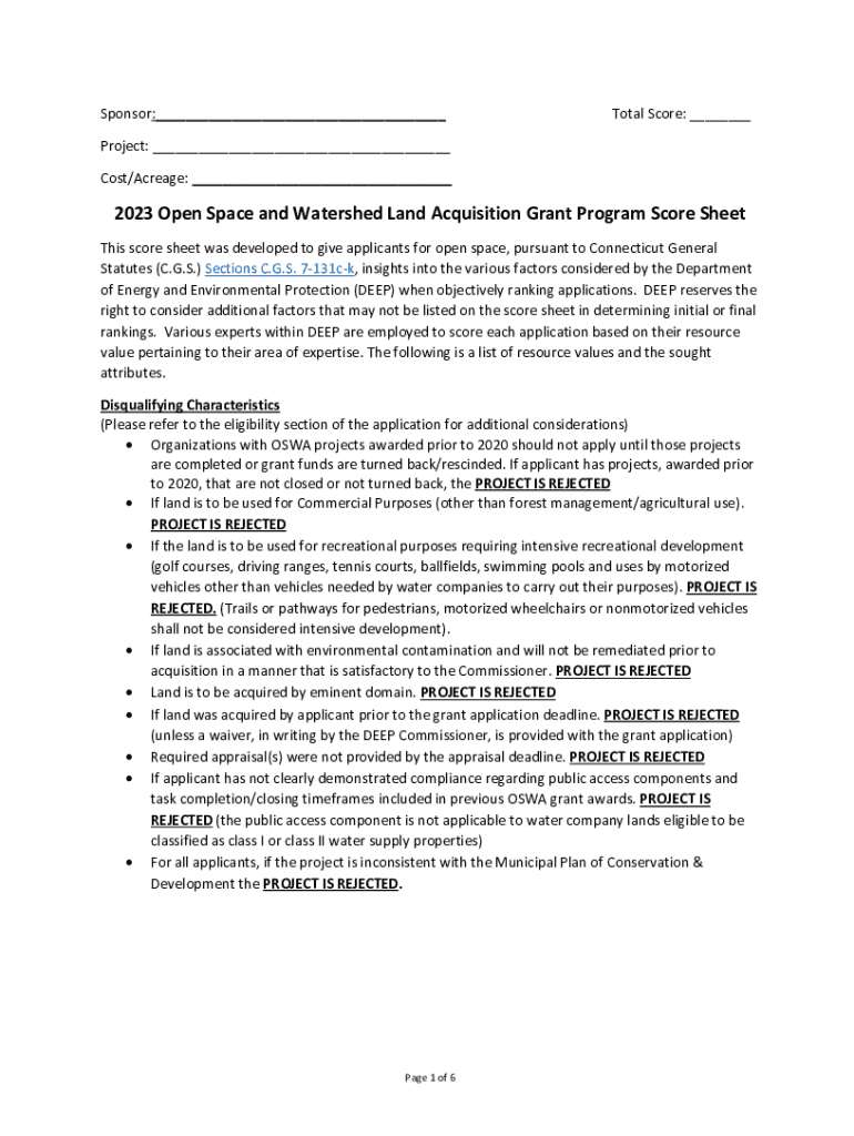 Fillable Online 2023 Open Space and Watershed Land Acquisition Grant