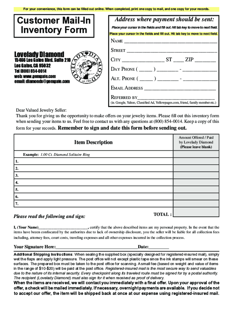 Fillable Online Customer Mail-In Inventory Form Fax Email Print - pdfFiller