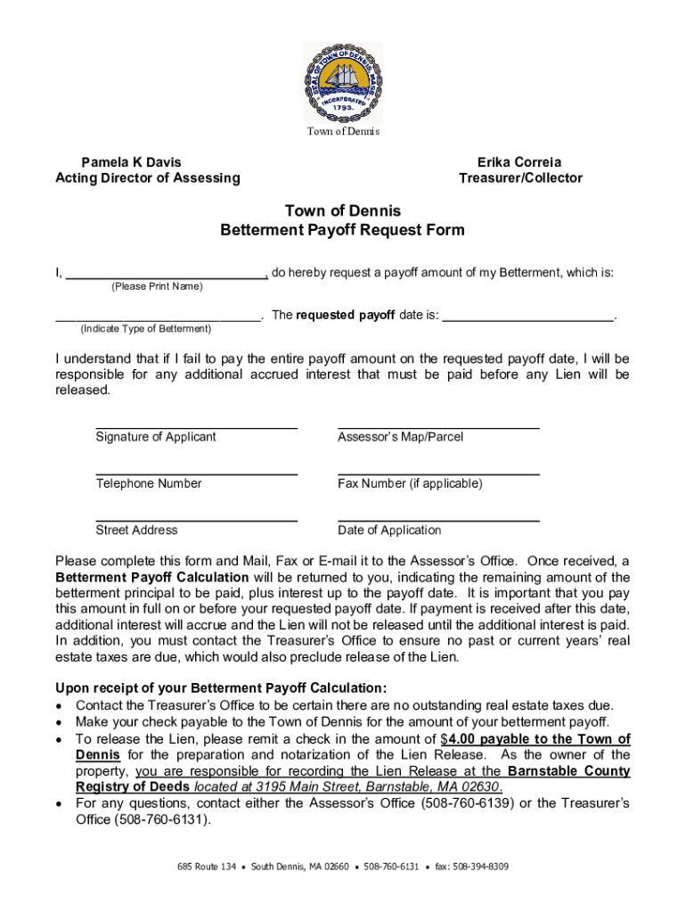 Fillable Online Town of Dennis Betterment Payoff Request Form Fax Email