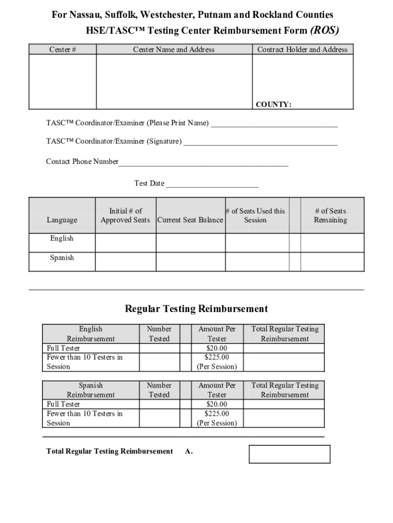 Fillable Online HSE/TASC Testing Center Reimbursement Form Fax Email ...