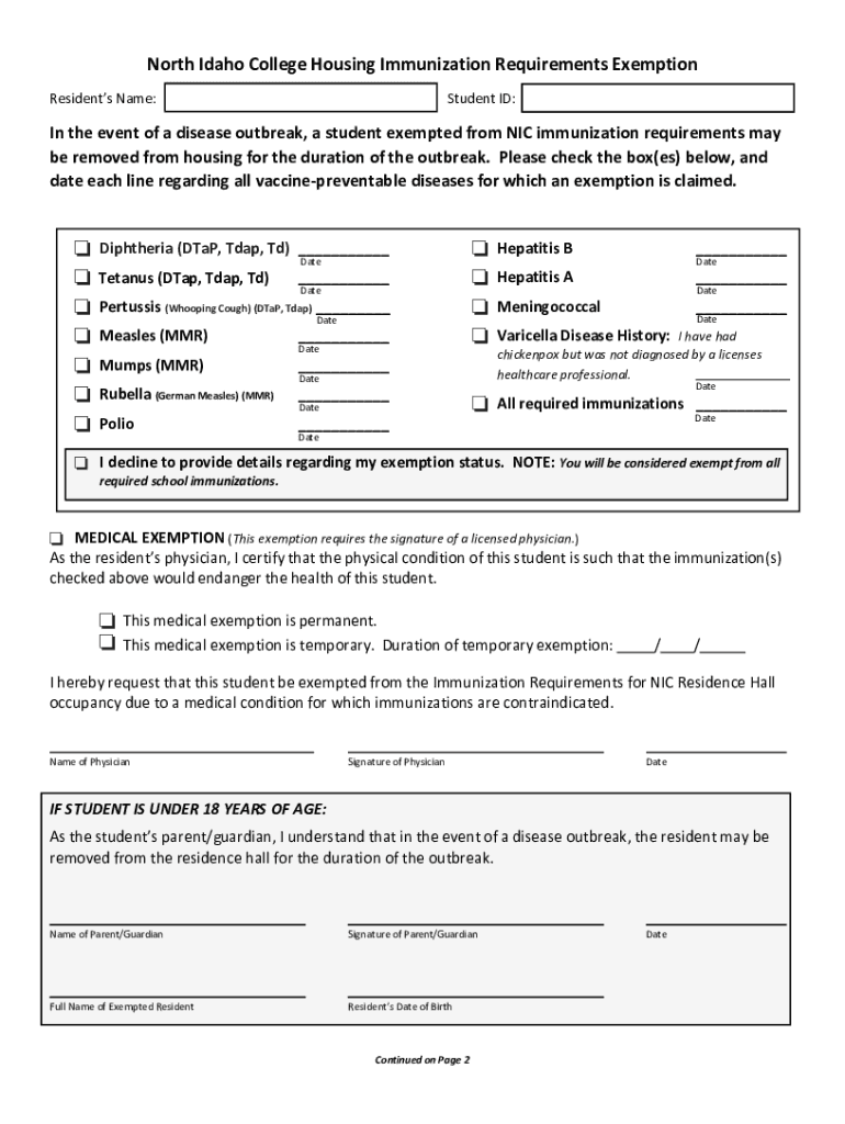 Fillable Online North Idaho College Housing Immunization Requirements
