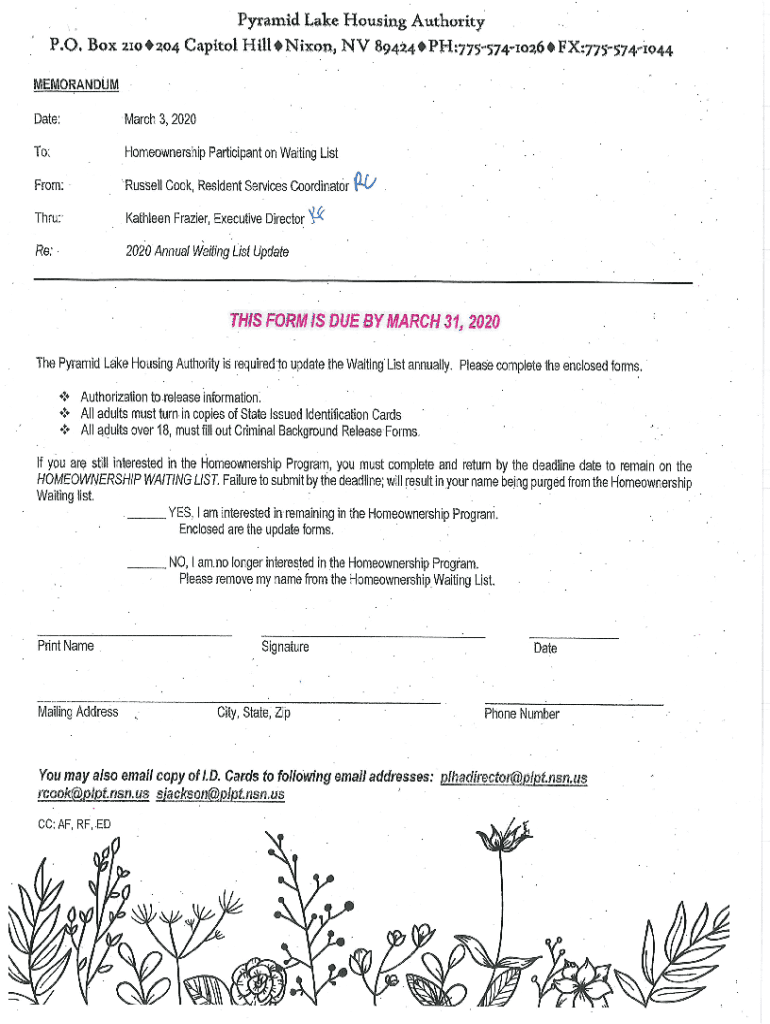 Fillable Online Pyramid Lake Housing Authority Application Information