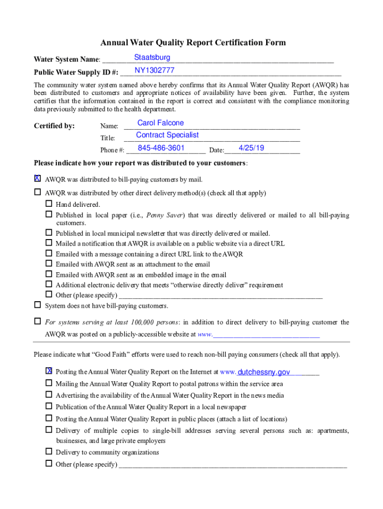 Fillable Online Annual Water Quality Report Certification Form Staatsburg Fax Email Print