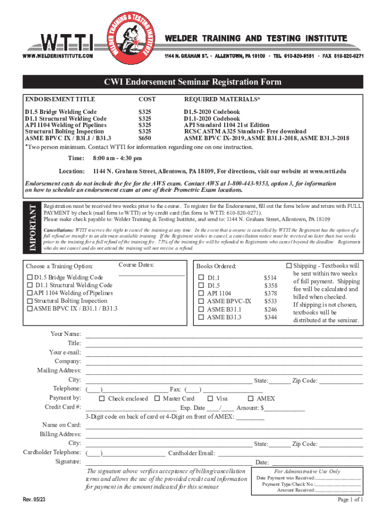 CWI Endorsement Seminar Registration Form Preview on Page 1