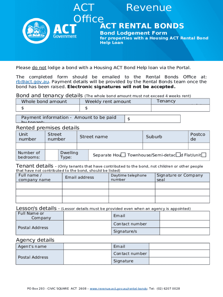 ACT RENTAL BONDS Bond Lodgement Doc Template pdfFiller