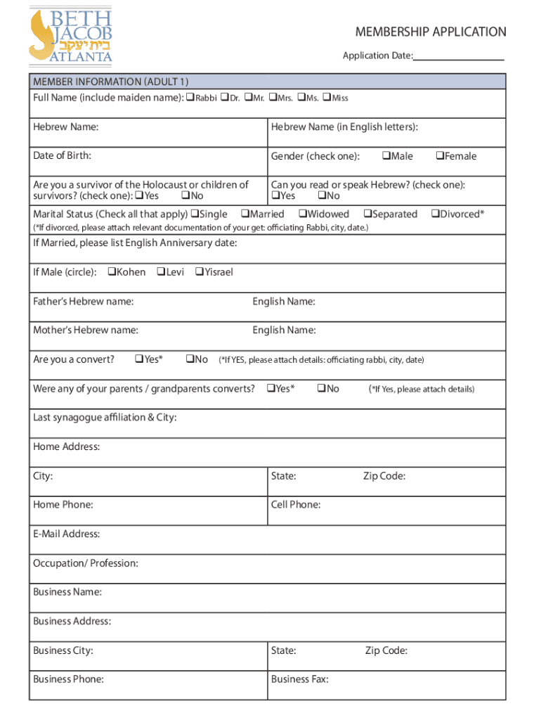 Membership Application English - Hebrew Name Preview on Page 1