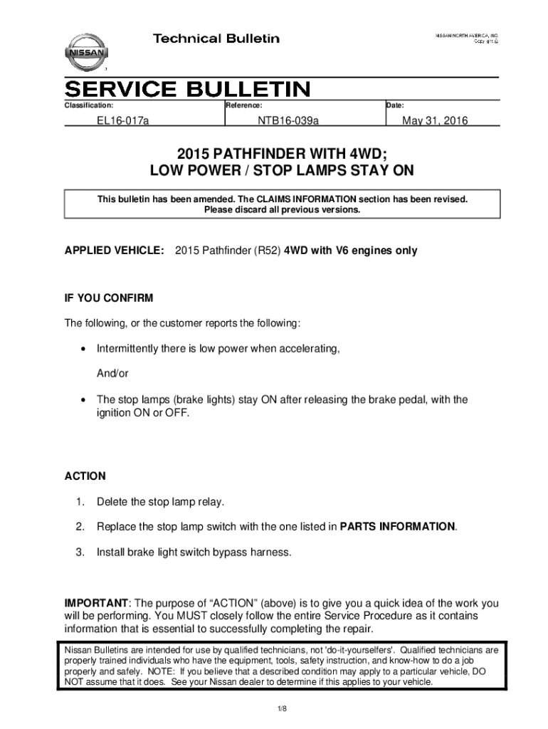 Fillable Online nissan pathfinder frontier brake lights stay on wont