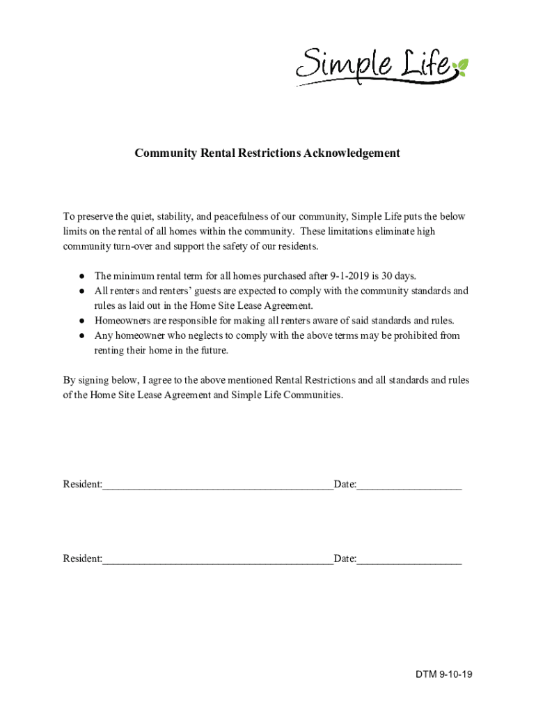 Fillable Online Community Rental Restrictions Acknowledgement Simple Life Fax Email Print