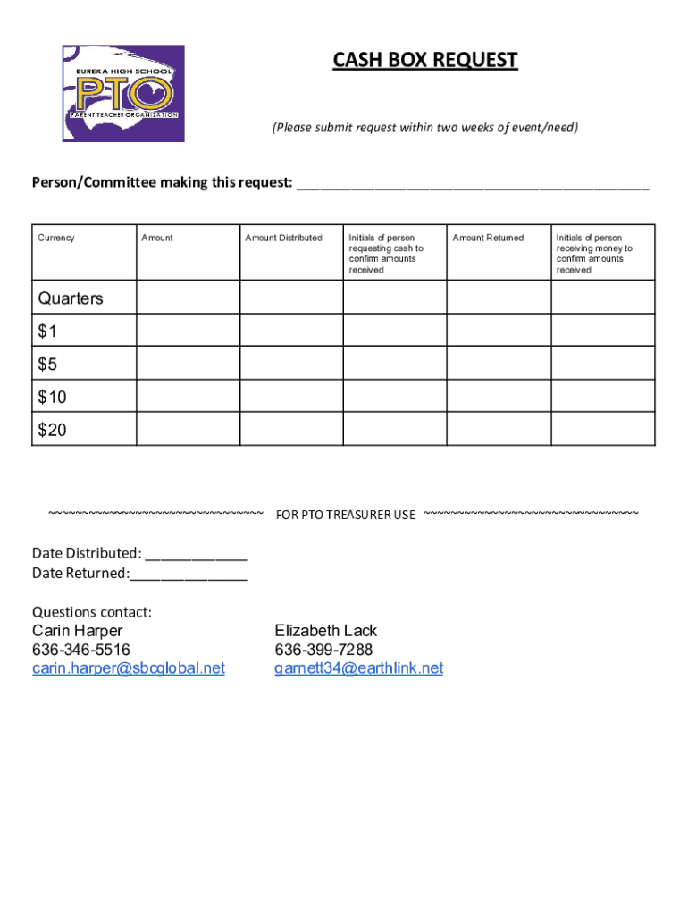 Fillable Online Cash Box Request Form NET Fax Email Print pdfFiller