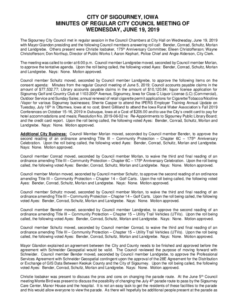 Fillable Online The Sigourney City Council met in regular session in the Council Chambers at