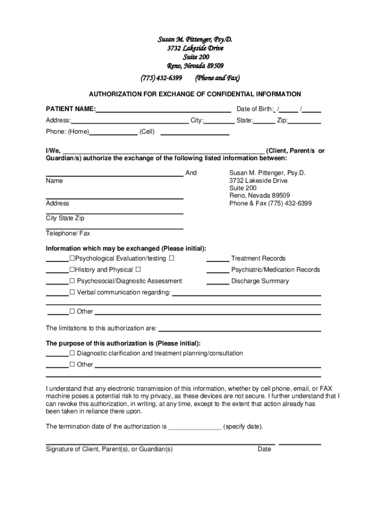 Fillable Online Dr. Susan M Pittenger, Clinical Psychologist, Reno NV