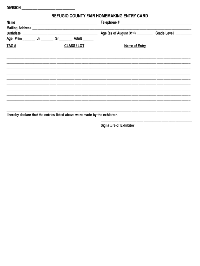 Fillable Online REFUGIO COUNTY FAIR HOMEMAKING ENTRY CARD Fax Email