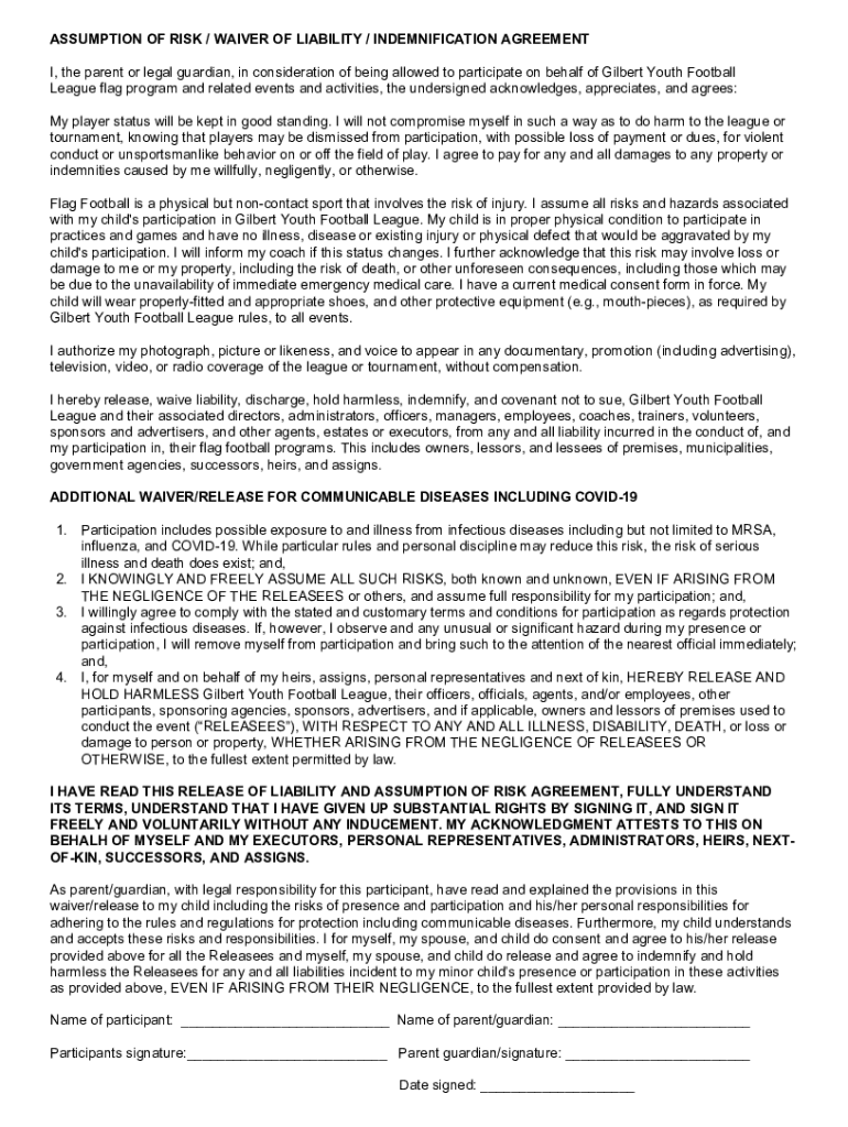 Fillable Online assumption of risk / waiver of liability