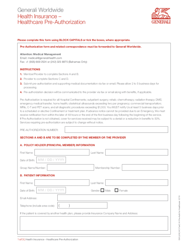 Health InsurancePre-Authorization Form For Therapy Preview on Page 1