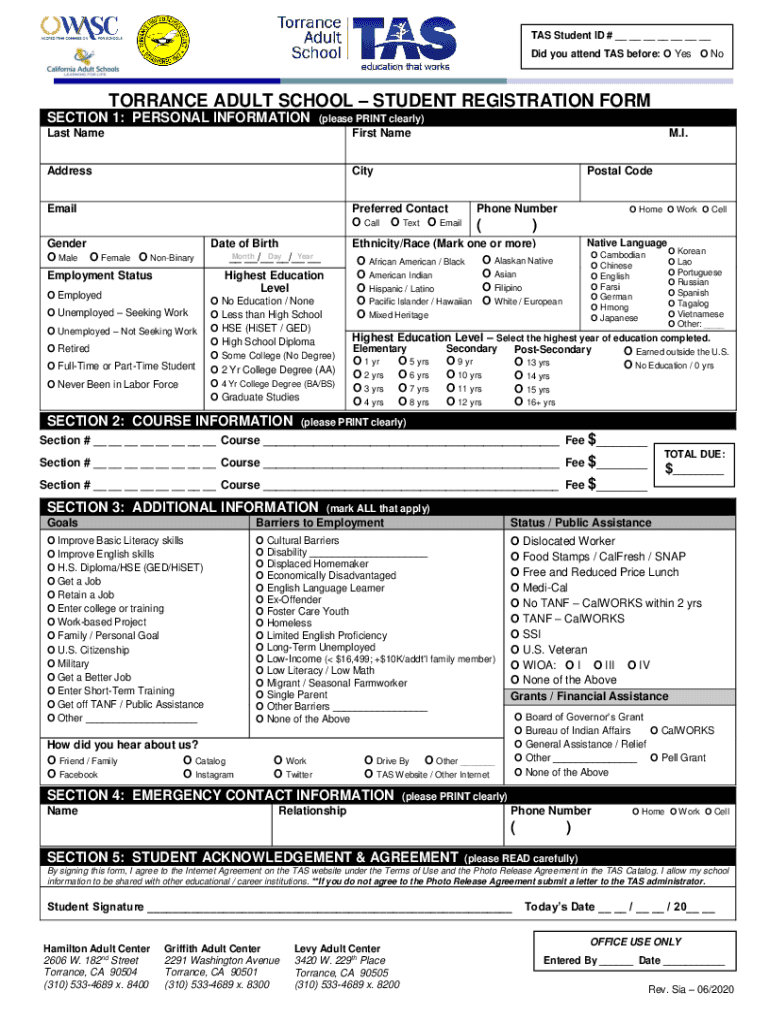 Fillable Online TORRANCE ADULT SCHOOL STUDENT REGISTRATION FORM Fax Email Print - pdfFiller