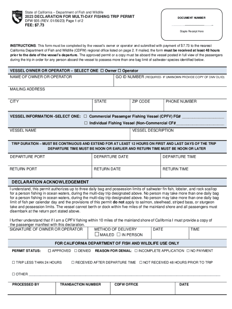 Declaration for Multi-Day Fishing Trip - FG935 - State of Preview on Page 1