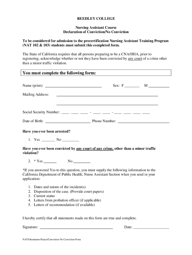 Fillable Online Reedley College Nursing Assistant Training Certificate