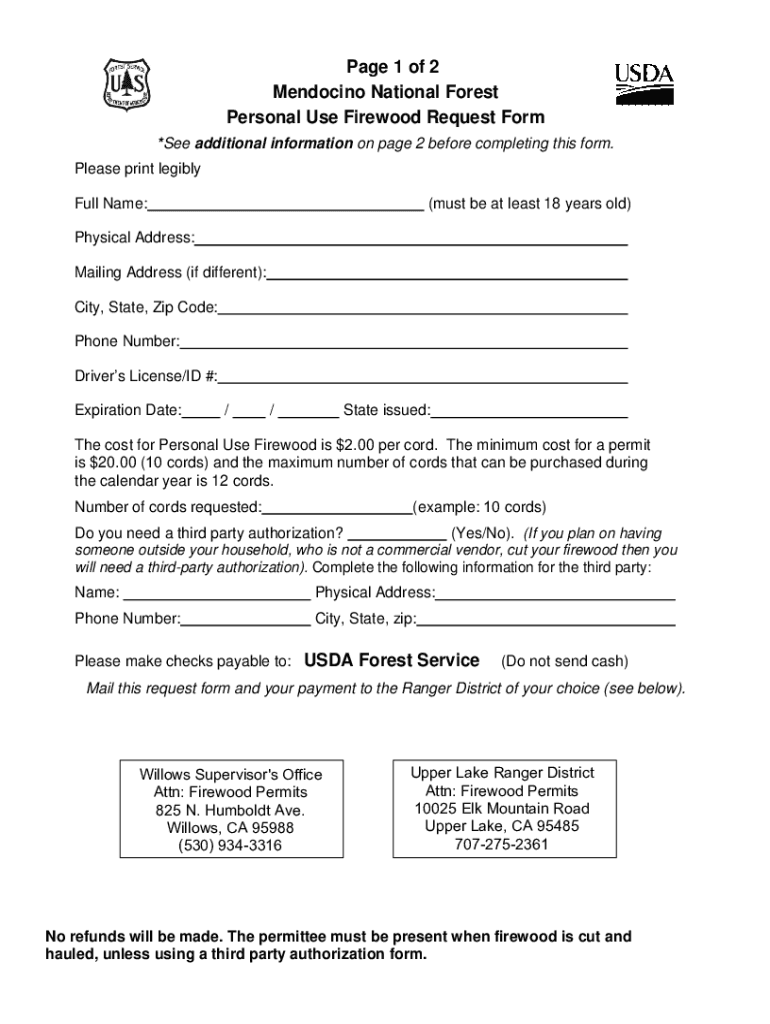 Fillable Online 2023 Personal Use Firewood Mail-in Form. Mendocino ...