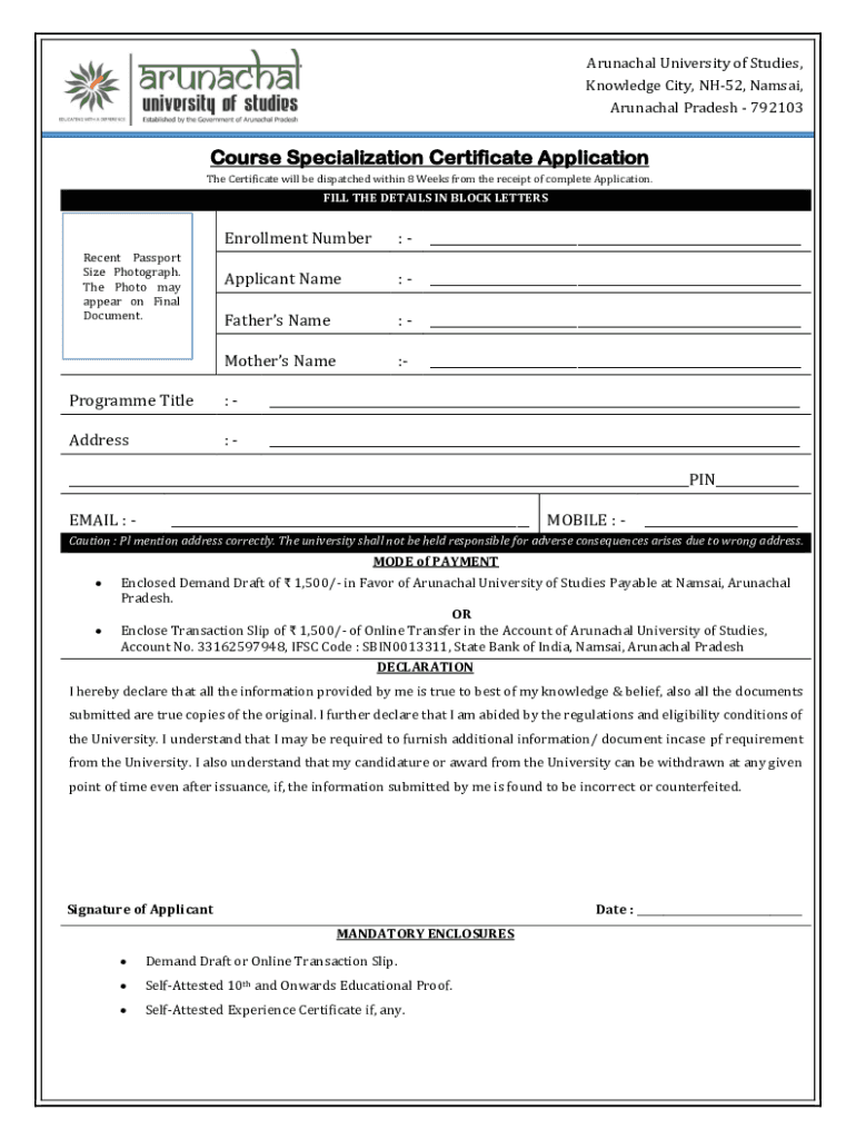 Fillable Online Course Specialization Certificate Application Fax Email Print pdfFiller