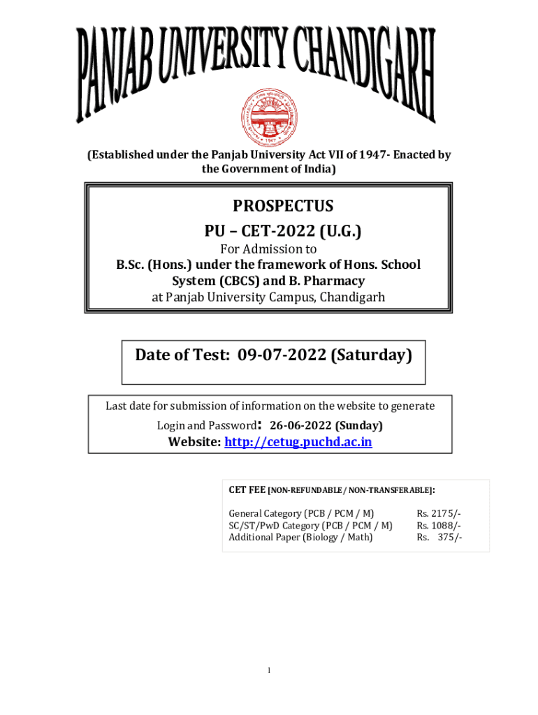 Fillable Online PU CET (UG) 2022 Notification, Dates, Application Form