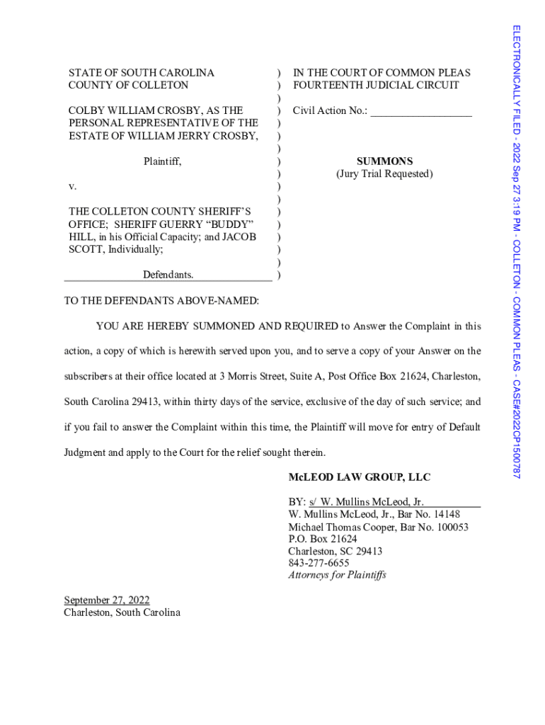 Fillable Online Crosby v. Colleton County Sheriff's Office, The et al