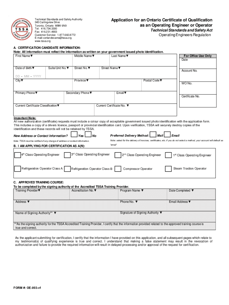 Fillable Online Application for an Ontario Certificate of Qualification