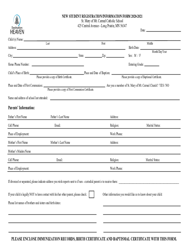 Fillable Online St. Mary of Mt. Carmel School REGISTRATION FORM 2021