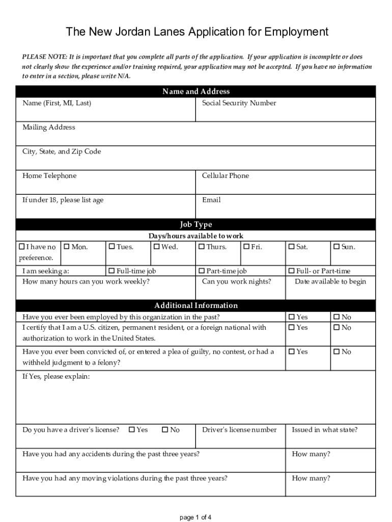 Fillable Online The New Jordan Lanes Application for Employment Fax ...