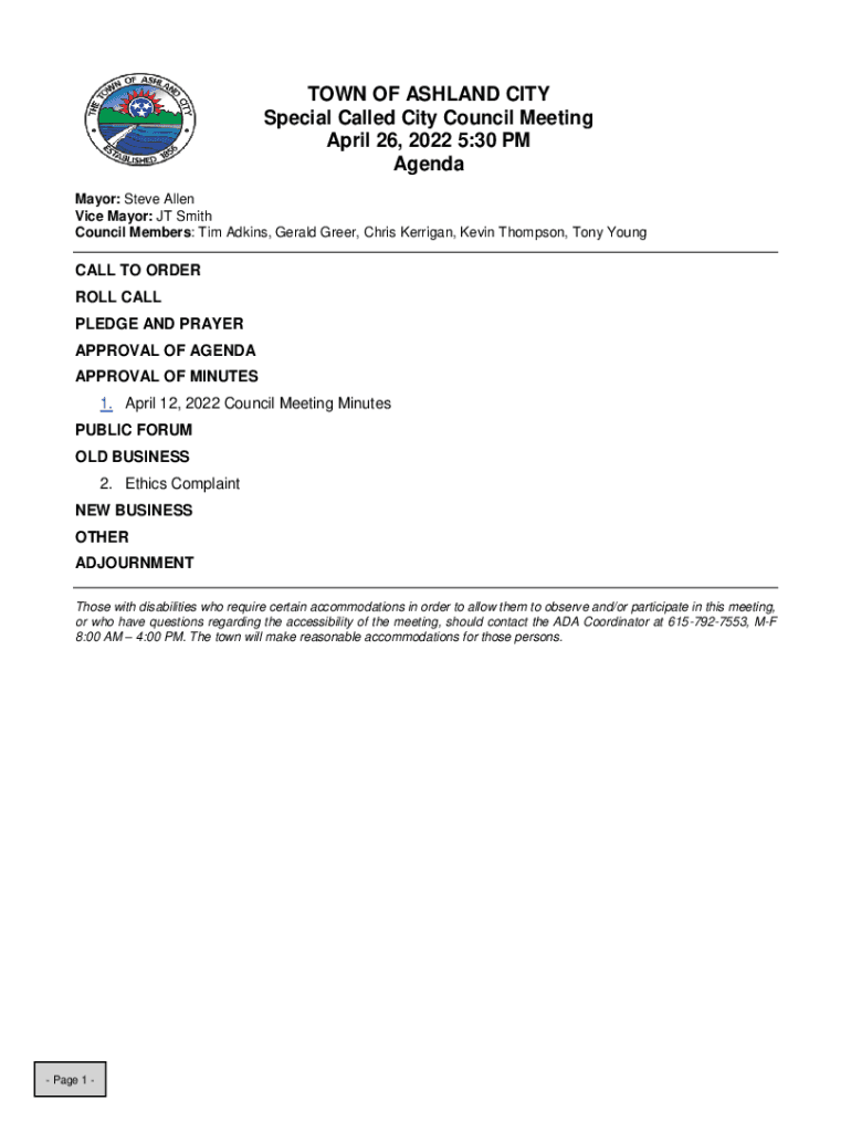 Fillable Online TOWN OF ASHLAND CITY Special Called City Council