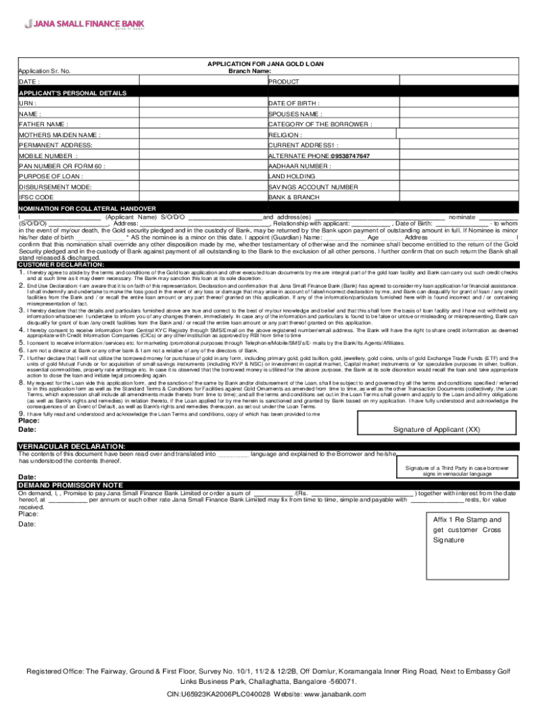 Fillable Online application form for loan/overdraft against gold Fax ...