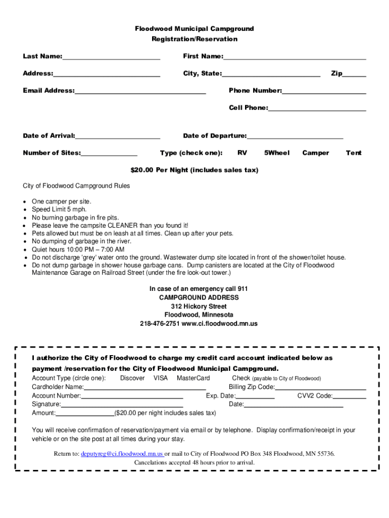 Fillable Online Municipal Campground City of Floodwood, Minnesota Fax Email Print pdfFiller