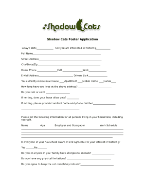 Feline Foster Application - Friends of Parkville Animal Shelter Doc ...