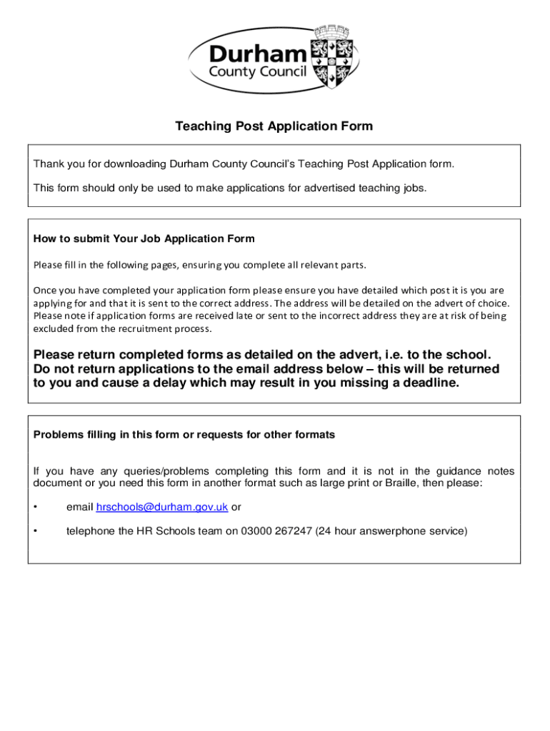 Fillable Online crookprimary org Durham County Council Teaching Post