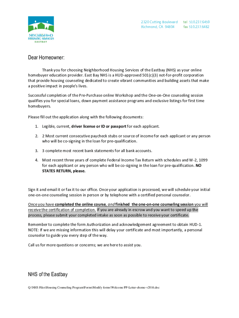 Fillable Online About the Neighborhood Housing Services of the Eastbay