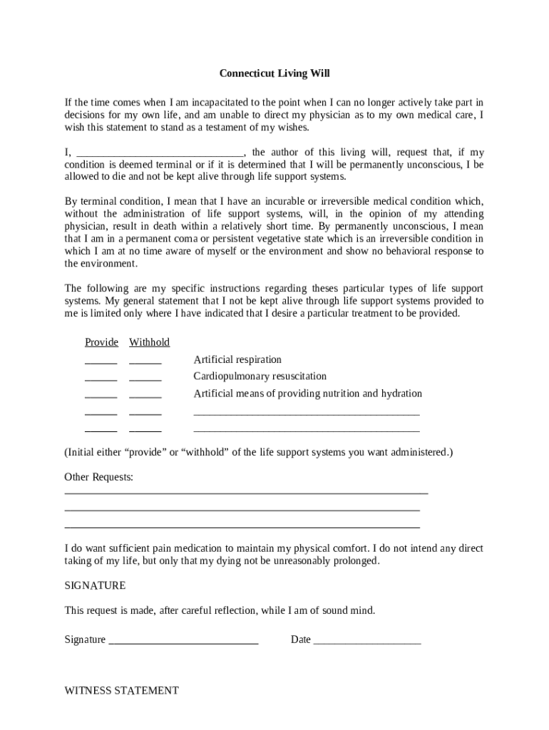 Connecticut Living Will Blank Fillable Template Fill Out, Print