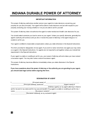 Free Indiana (IN) Durable Power of Attorney Form