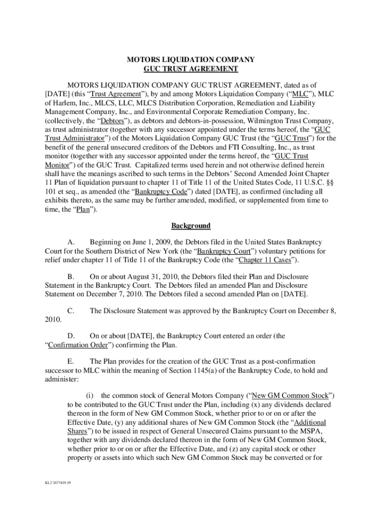 Fillable Online Motors Liquidation Company Guc Trust Agreement Fax