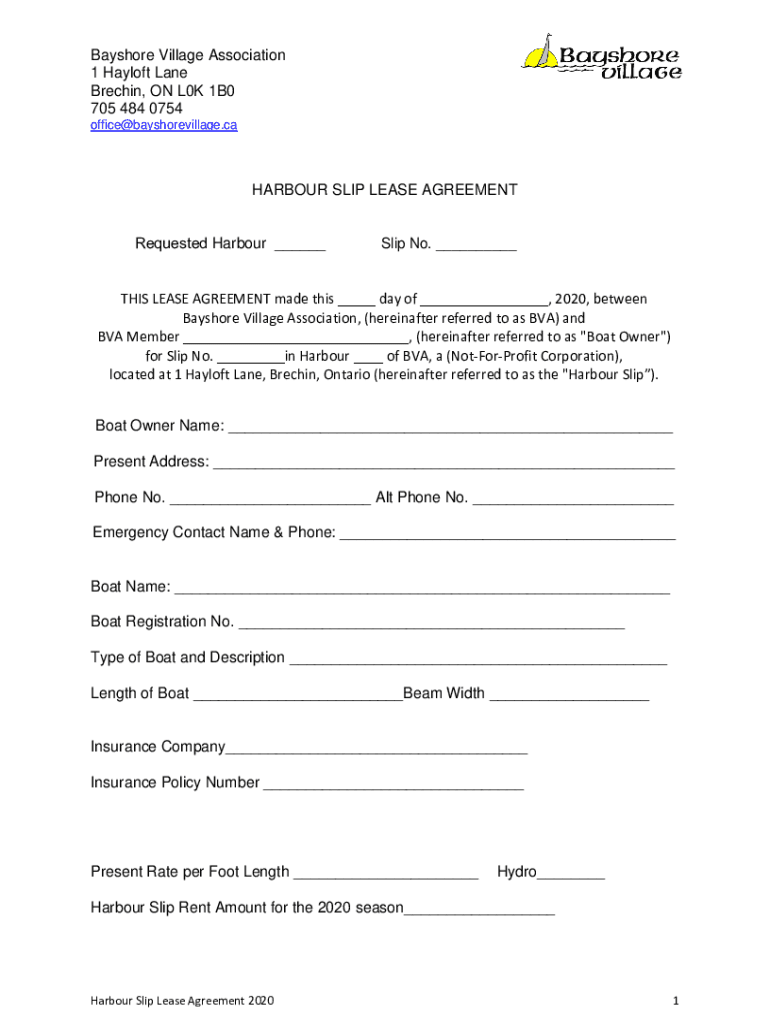 Fillable Online 2020 Harbour Slip Lease Agreement Fax Email Print